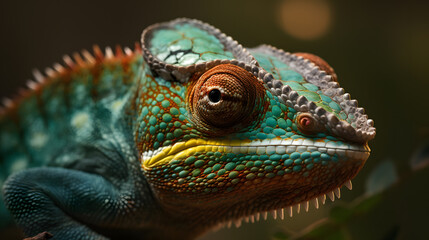 Fototapeta premium A captivating close-up of a chameleon, with its vibrant, color-changing skin and unique, swiveling eyes, showcasing the incredible adaptability and beauty of this creature