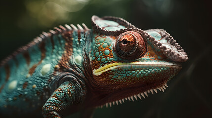 Fototapeta premium A captivating close-up of a chameleon, with its vibrant, color-changing skin and unique, swiveling eyes, showcasing the incredible adaptability and beauty of this creature