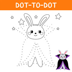 Connect the dots and draw cute rabbit. Bunny in vampire halloween costumes. Educational game for kids.