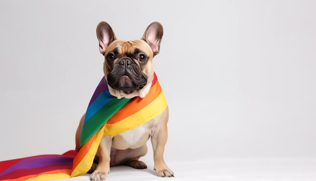 Cute dog with rainbow pride colors, on a white background. Generative Ai