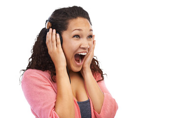 Audio, headphones and woman singing and excited for music isolated on a transparent png background....