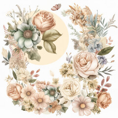 Flower collection with leaves, floral bouquets. Spring art print with botanical elements. Generative AI