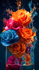 Colorful roses with water splash and drops. Generative AI