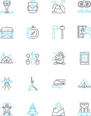 Nature exploration linear icons set. Wilderness, Ocean, Forest, Mountains, Eco-tourism, Wildlife, Trekking line vector and concept signs. Hiking,Landscape,Flora outline illustrations