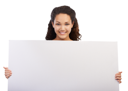Portrait of happy woman holding empty banner, promo and poster for information isolated on transparent png background. Happiness, mockup and girl with blank paper sign in hand, presentation and smile