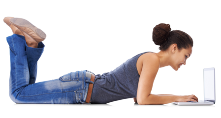 Laptop, relax and a woman lying down isolated on a transparent background while typing an email. PNG, computer and technology with an attractive young female browsing social media in her free time