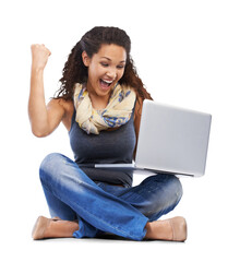Student, woman and winning on laptop isolated on a transparent, png background for university...