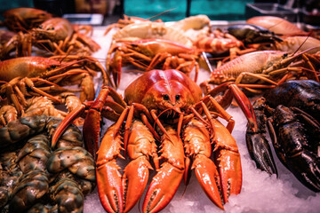 Seafood Delight: Fresh Crabs, Lobsters, Langustas, and Shrimps on Ice. Generative Ai