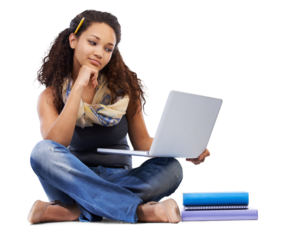 Student, laptop and woman using the internet for research and thinking isolated in a transparent png background. University, education and female person learning or reading college online notes