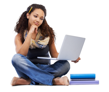 Student, laptop and woman using the internet for research and thinking isolated in a transparent png background. University, education and female person learning or reading college online notes