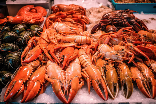 Seafood Delight: Fresh Crabs, Lobsters, Langustas, and Shrimps on Ice. Generative Ai