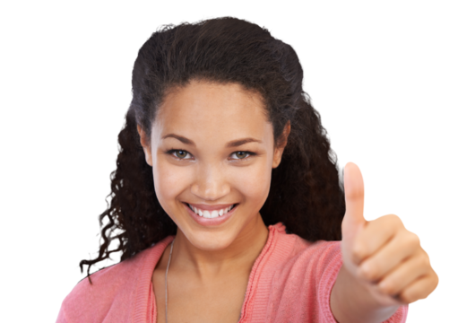 Portrait, thumbs up and happy woman with yes, winning and success sign on isolated, transparent and png background. Face, hand and winner emoji be excited girl showing agreement, vote or thank you