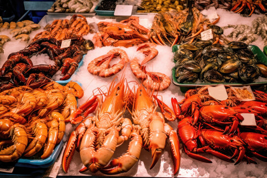 Seafood Delight: Fresh Crabs, Lobsters, Langustas, and Shrimps on Ice. Generative Ai