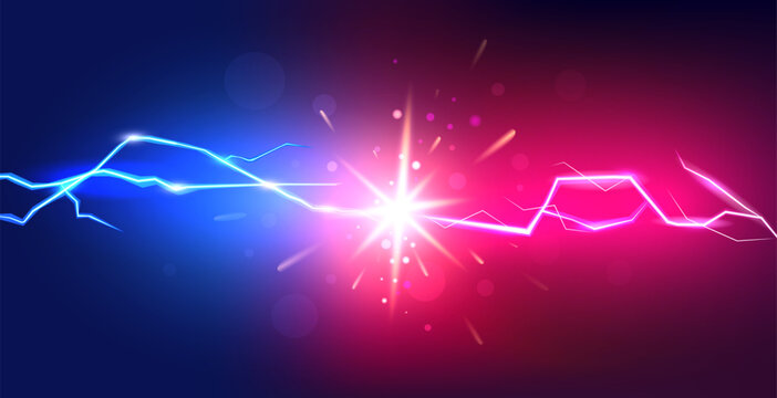 Electric lightning. Vs battle background, thunder flash effect, thunderbolt flight, power of storm light. Competition banner template. Pink and blue thunderstorm vector recent abstract concept
