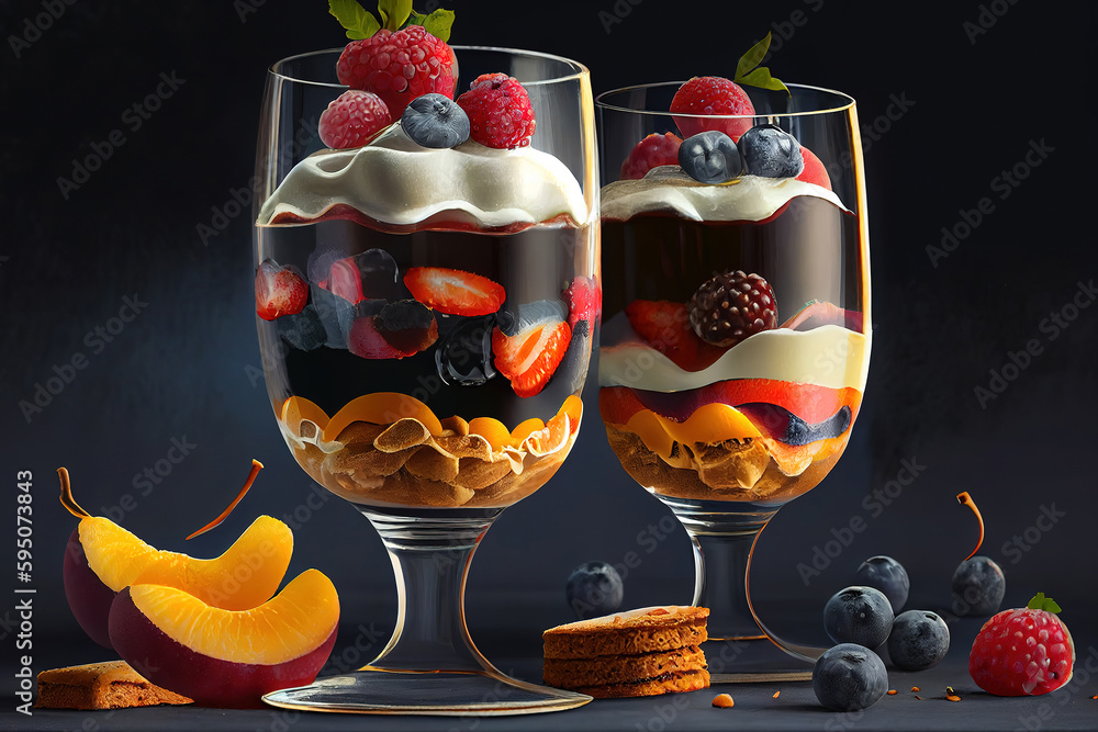 Poster layered dessert with a topping of mixed berries. generative ai