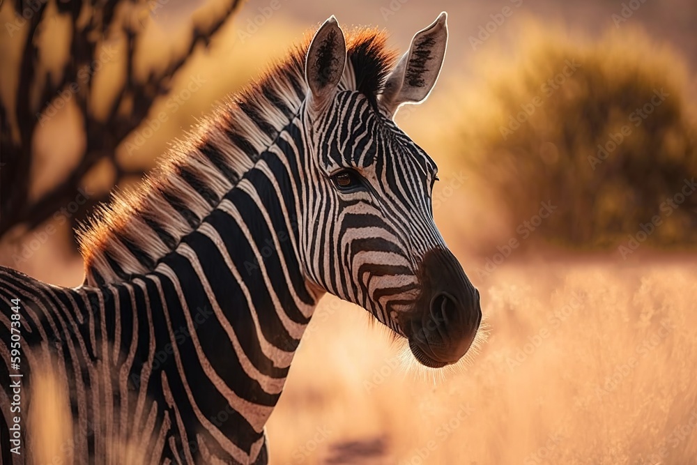 Poster a zebra in the wild captured in a stunning shallow focus image. generative ai