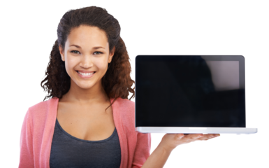 Laptop screen, space and woman portrait isolated on transparent, png background of university, website mockup. Happy, biracial person or student on computer mock up, college application or promotion