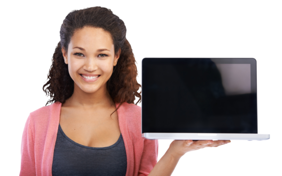 Laptop screen, space and woman portrait isolated on transparent, png background of university, website mockup. Happy, biracial person or student on computer mock up, college application or promotion