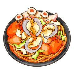 Jjampong korean food illustration vector. Korean spicy seafood noodle soup (jjamppong). Thai seafood noodle soup vector. Chinese seafood noodle soup cartoon.