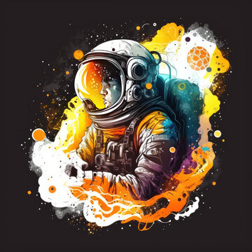 Vector illustration of space, cosmonaut and galaxy for poster, banner or background