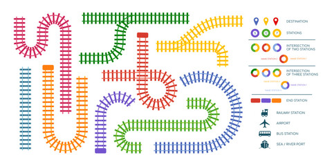 Train railway. Rail track kids constructor. Line toy map for infographic. Railroad turn and straight parts. Station for subway locomotive. Isolated elements set. Vector utter design concept