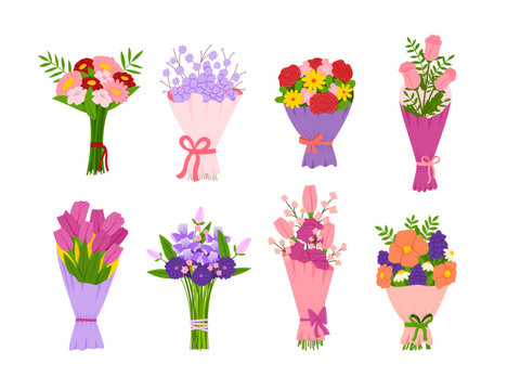 Flat floral bouquet set. Gift with flower blossom, bunch of plants and blooming leaves, garden decor with botanical leaf. Pink and red tulips and roses. Isolated vector utter illustration