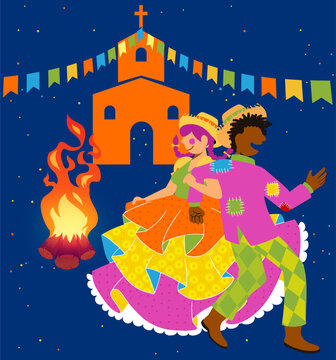 Vetor de casal caipira dan&ccedil;ando quadrilha na fogueira da Festa de S&atilde;o Jo&atilde;o - Festa Junina