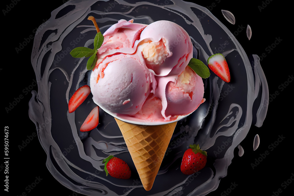 Aufkleber forest fruits ice cream in cone rotating on black background. generative ai