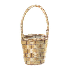 Basket wicker for bouquets on a white background. Watercolor illustration of a straw basket, rustic. French style. Collection Provencal bouquet. Suitable for design, invitations, weddings, holidays