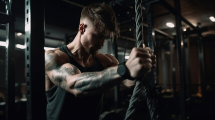 Fototapeta na wymiar Strong athlete man person exercising in the gym. AI