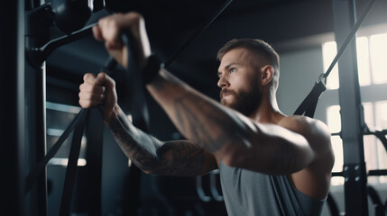 Fototapeta na wymiar Strong athlete man person exercising in the gym. AI