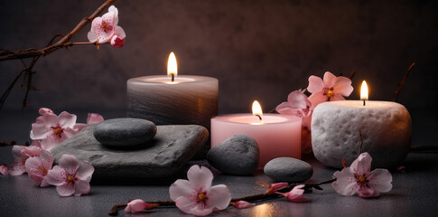 Obraz na płótnie Canvas Tranquil Yoga Stones and Candles with Cherry Blossom Backdrop. Generative Ai