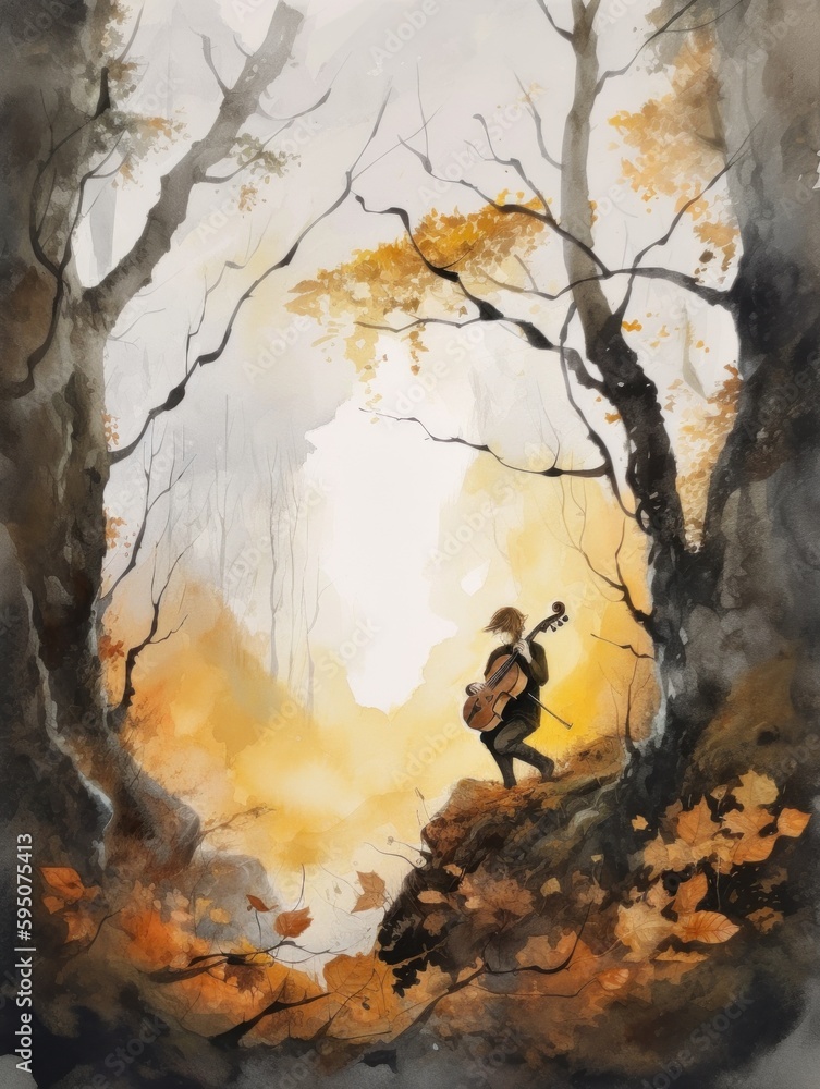 Poster a painting of a man walking through a forest. ai generative image.