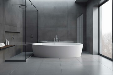 Naklejka na ściany i meble Panoramic gray bathroom with transparent tub. Generative AI