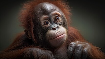 Wallpaper of a cute baby orangutan close-up. Created with generative Ai technology