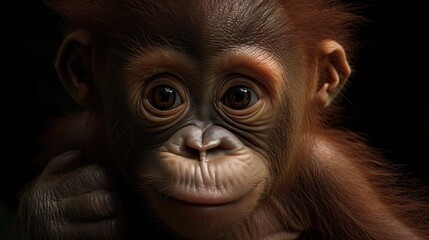 Wallpaper of a cute baby orangutan close-up. Created with generative Ai technology