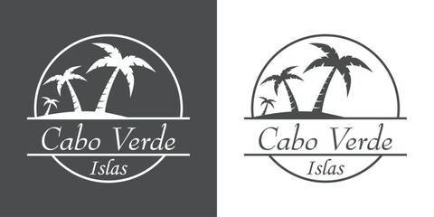 Destino de vacaciones. Logo aislado con texto manuscrito Cabo Verde islas en español con silueta de isla con la palma en círculo lineal