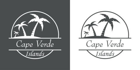 Destino de vacaciones. Logo aislado con texto manuscrito Cape Verde islands con silueta de isla con la palma en círculo lineal