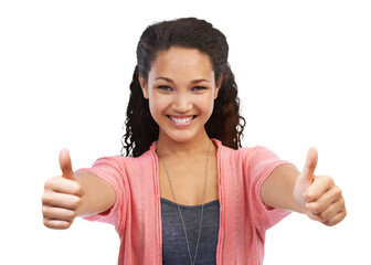 Thumbs up, happiness and portrait of girl isolated on transparent png background with positive...