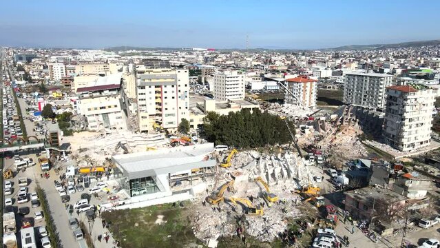 Drone shot of tractors removing rubbles after the earthquake in Hatay Antakya