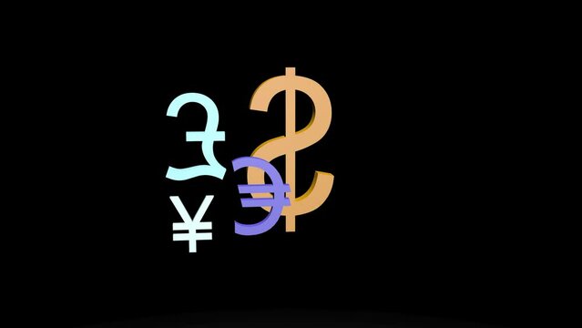 the symbols dollar pound sterling euro yen move on a black background