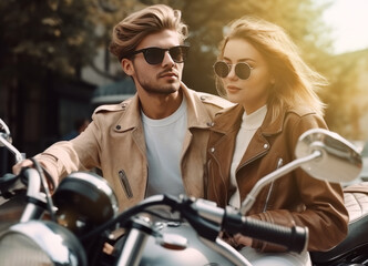 Naklejka na ściany i meble Couple in love near with a custom motorcycle. Handsome guy and beautiful young woman travel. Generative AI