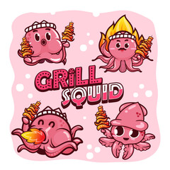 Collection of squid cartoon cute  isolated on white background. Vector illustration.