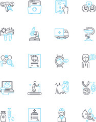 Fototapeta premium Medical center linear icons set. Clinic, Hospital, Pharmacy, Laboratory, Emergency, Rehabilitation, Radiology line vector and concept signs. Surgery,Pediatrics,Neurology outline illustrations