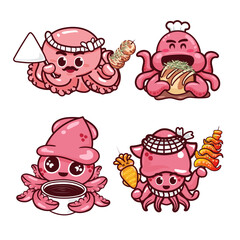 Fototapeta premium Collection of squid cartoon cute isolated on white background. Vector illustration.