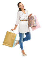 Shopping bag, portrait and excited woman isolated on transparent, png background for retail, discount and sales promotion. Happy customer, person or fashion model with wow for bags, clothes or wealth