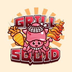 Grill squid logo template . Vector illustration.