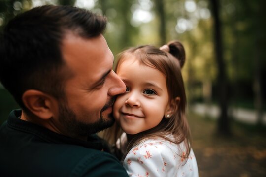 Dad kissing her little daughter while going for a walk in the park. Generative AI
