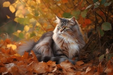 Naklejka na ściany i meble Cat In Autumn. Generative AI