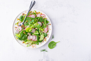 Light, dietary salad with bulgur, fresh spinach, radish, arugula and various types of greens. Dietary healthy balanced nutrition, vegan recipes. Nord Africa, French recipes, copy space